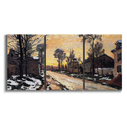 Three-panel canvas wall art featuring melting snow along village road on white background.