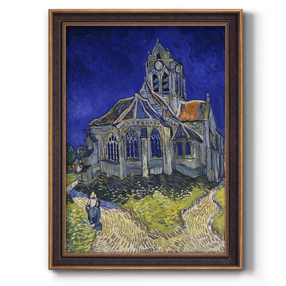 Expressionist church landscape painting by Vincent van Gogh printed on canvas in an ornate weathered white frame with a vertical orientation.