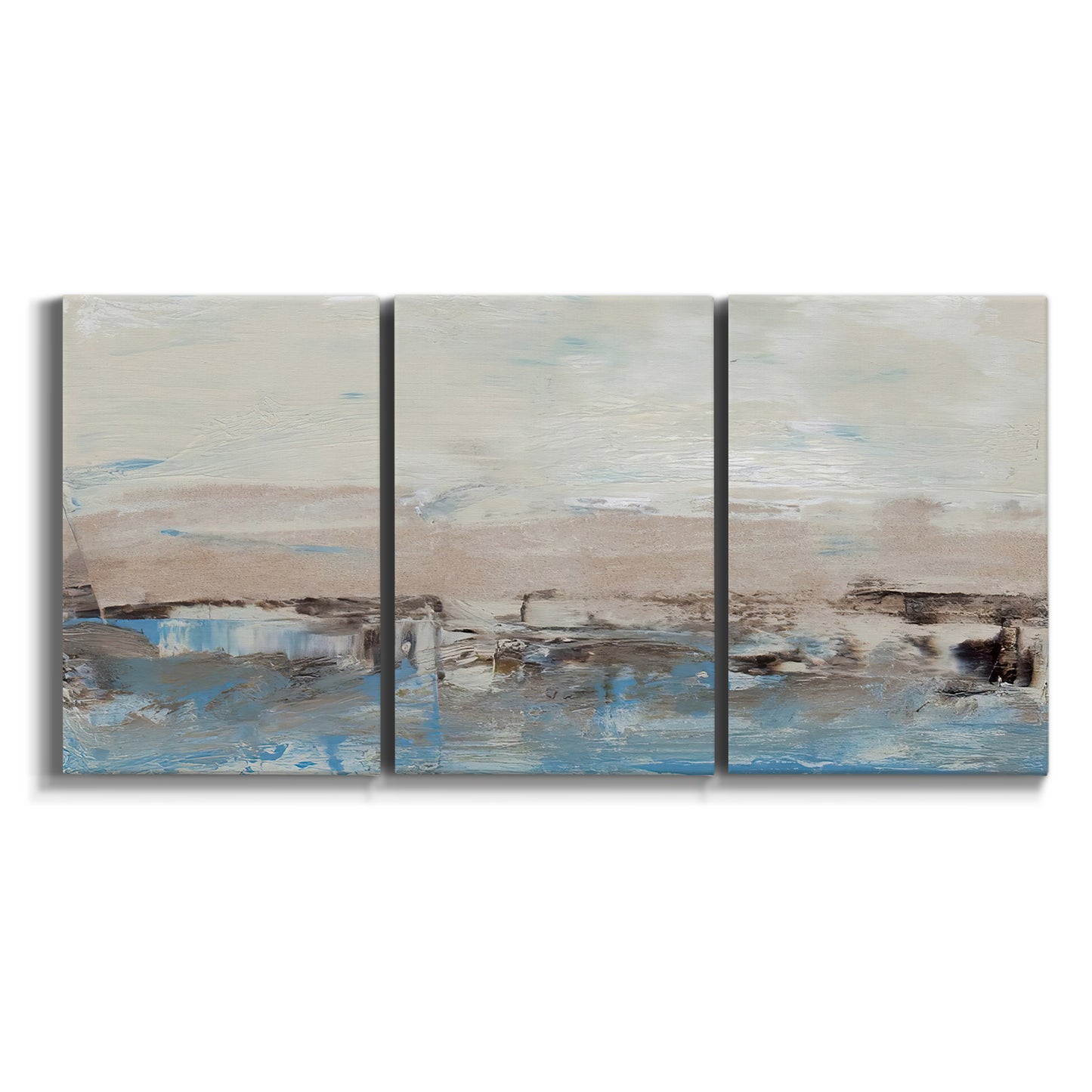 Three-panel canvas wall art featuring abstract bridge landscape in cyan on white background.