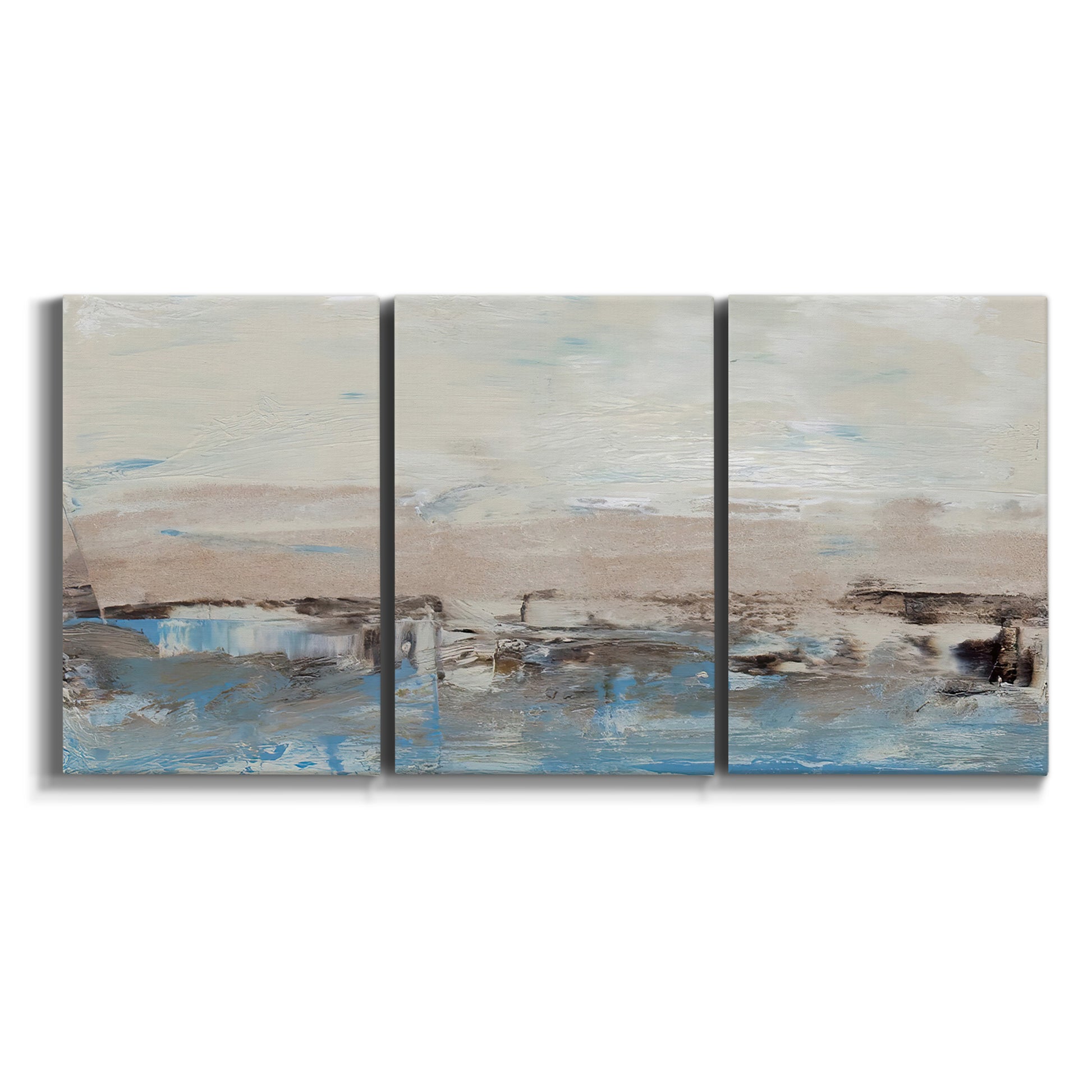 Three-panel canvas wall art featuring abstract bridge landscape in cyan on white background.