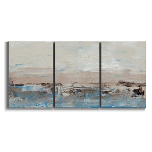 Three-panel canvas wall art featuring abstract bridge landscape in cyan on white background.