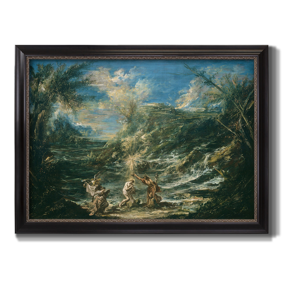 Religious landscape depicting the baptism of Christ by Alessandro Magnasco printed on canvas in an ornate black frame with gilded inner detail.