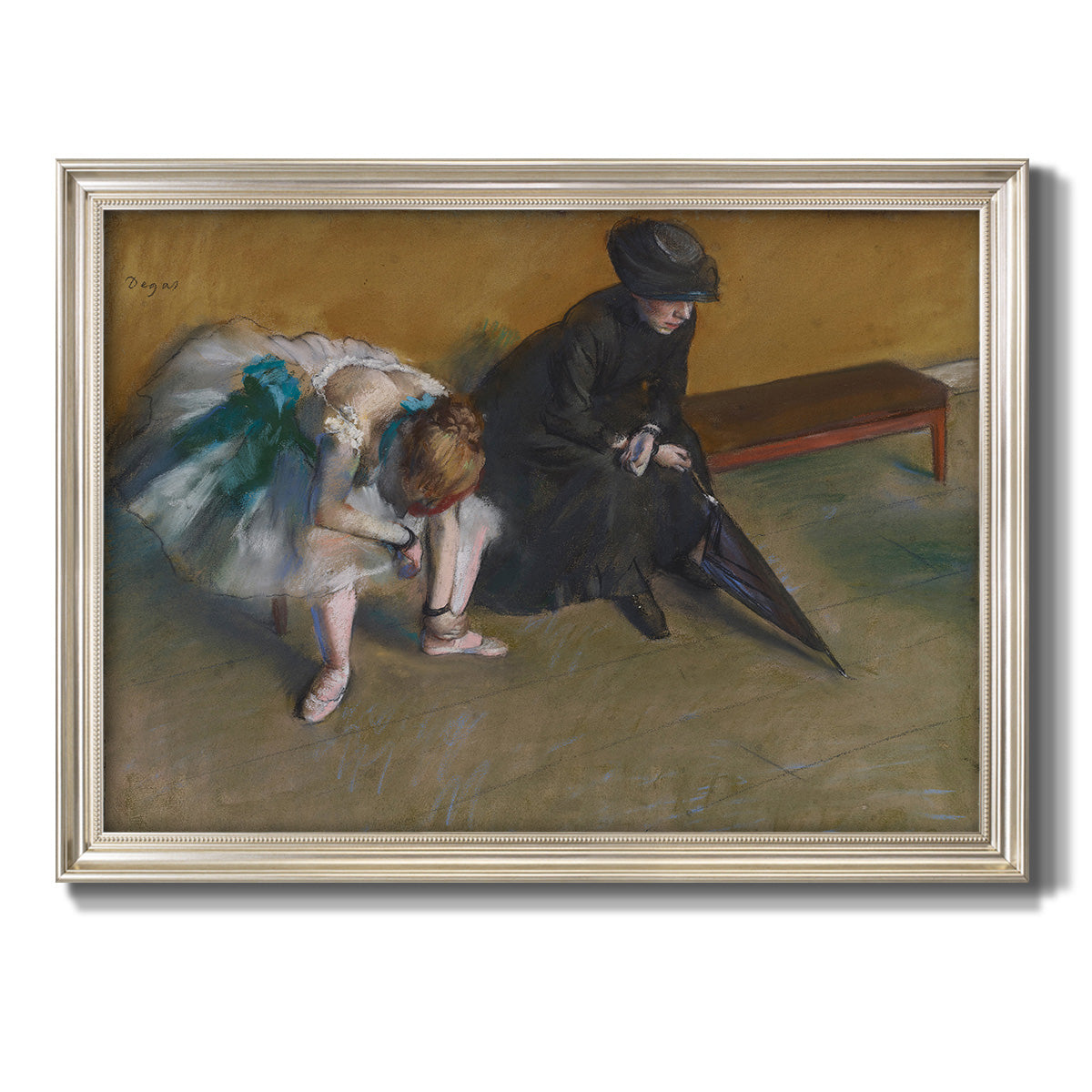 Impressionist portrait of a seated woman by Edgar Degas printed on canvas in an ornate champagne frame.