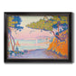 Pointillist coastal seascape by Paul Signac printed on canvas in an ornate black frame with gilded inner detail.