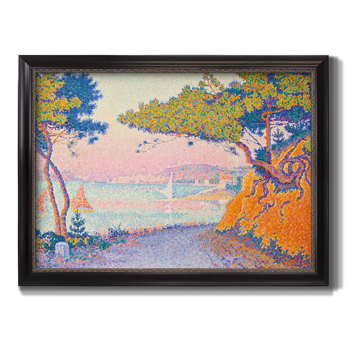 Pointillist coastal seascape by Paul Signac printed on canvas in an ornate black frame with gilded inner detail.