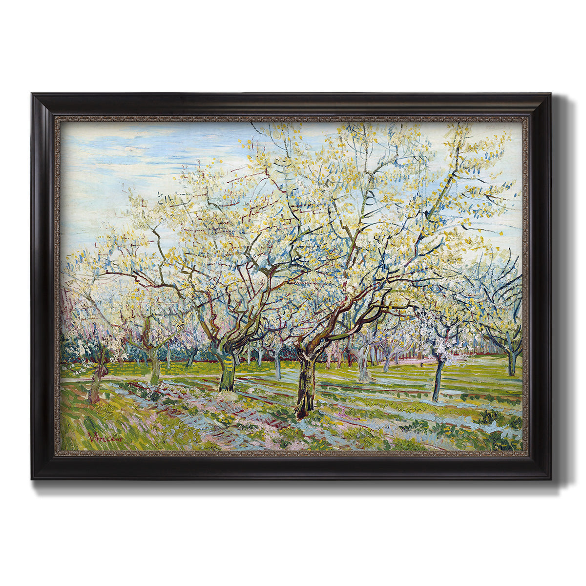 Impressionist white-blossomed orchard landscape by Vincent van Gogh printed on canvas in an ornate black frame with gilded inner detail.