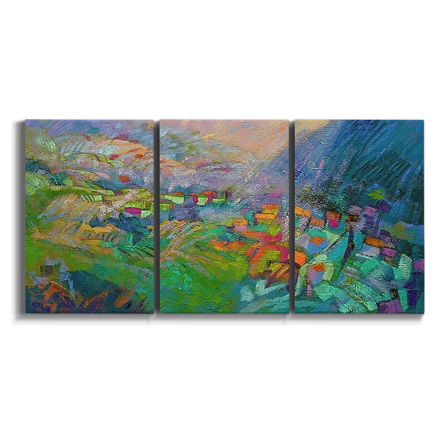 Three-panel canvas wall art featuring embracing landscape with warm tones on white background.