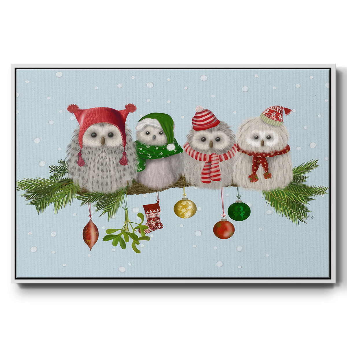 Christmas Fluffy Christmas Owls on Branch - Framed Gallery Wrapped Canvas in Floating Frame