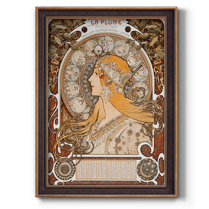 Art Nouveau allegorical zodiac illustration by Alphonse Mucha printed on canvas in an ornate weathered white frame with a vertical orientation.