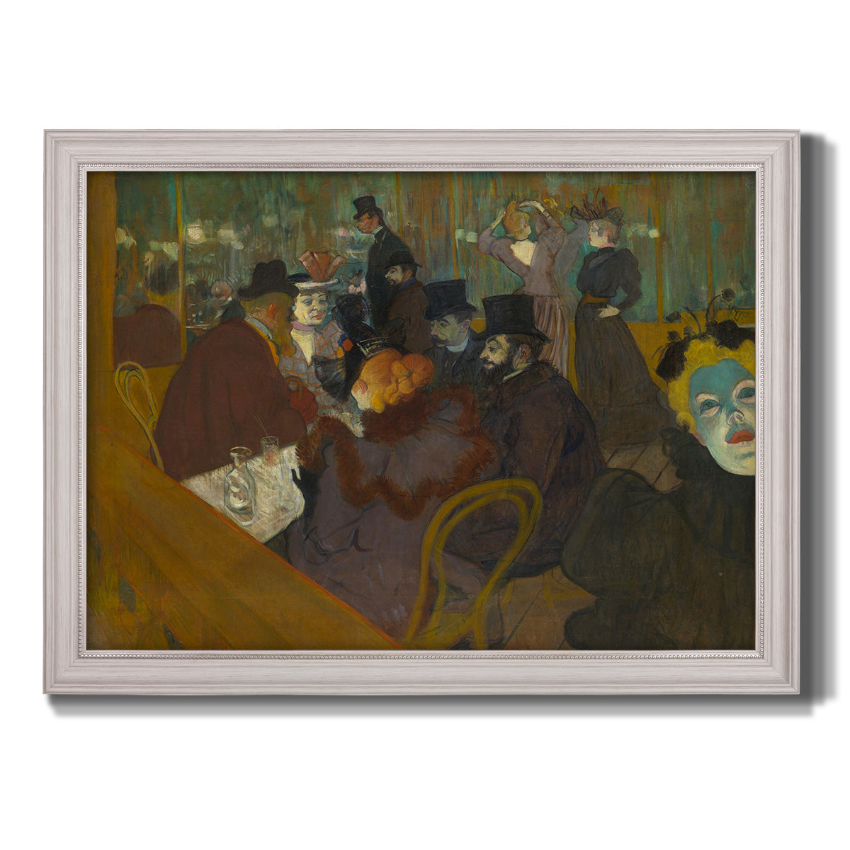 Impressionist cabaret interior scene by Henri de Toulouse-Lautrec printed on canvas in an ornate weathered white frame.