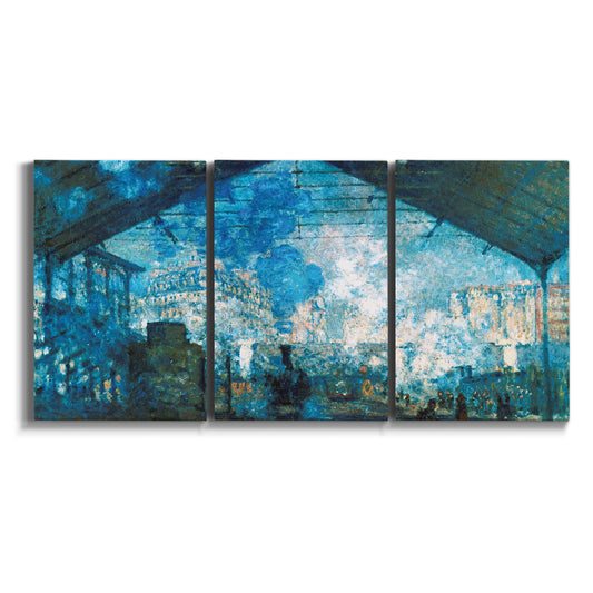 Three-panel canvas wall art featuring railway station filled with steam on white background.