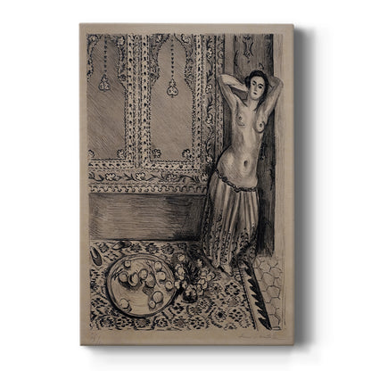 Canvas art print featuring a monochrome lithograph of a lady with a fruit tray at her feet on an ornate backdrop on a clean white background.
