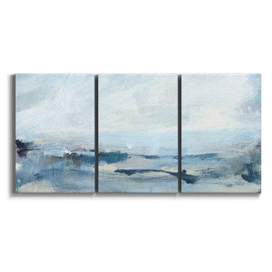 Three-panel canvas wall art featuring abstract sailboats on water on white background.