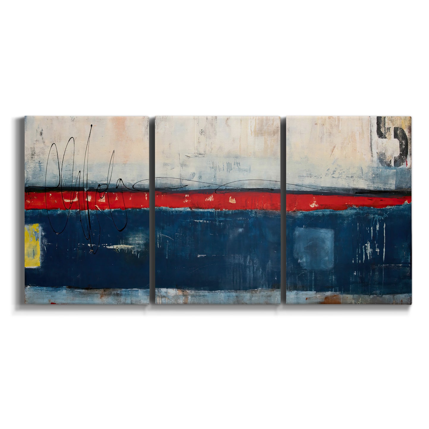 Three-panel canvas wall art featuring weathered coastal dock scene on white background.