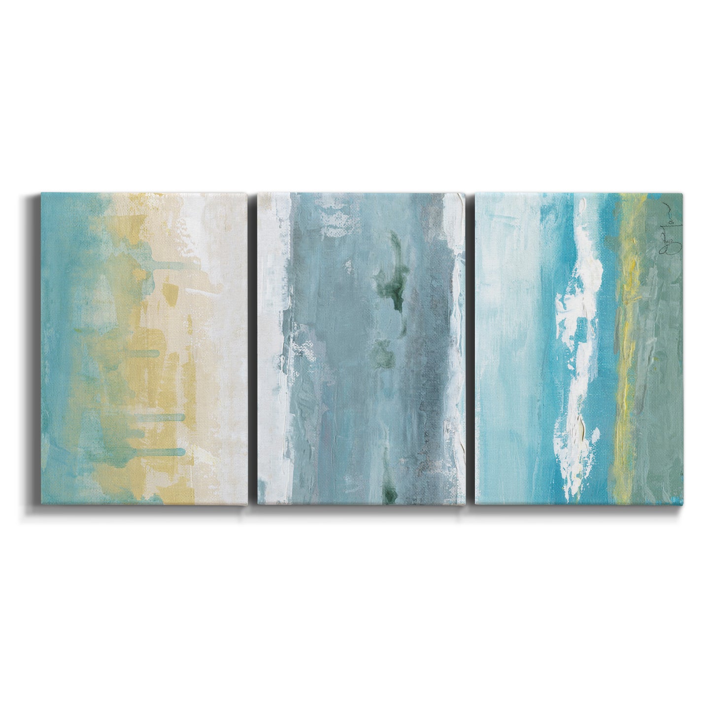 Three-panel canvas wall art featuring abstract coastal shoreline textures on white background.