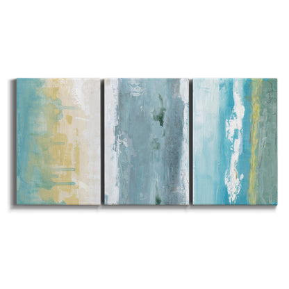 Three-panel canvas wall art featuring abstract coastal shoreline textures on white background.
