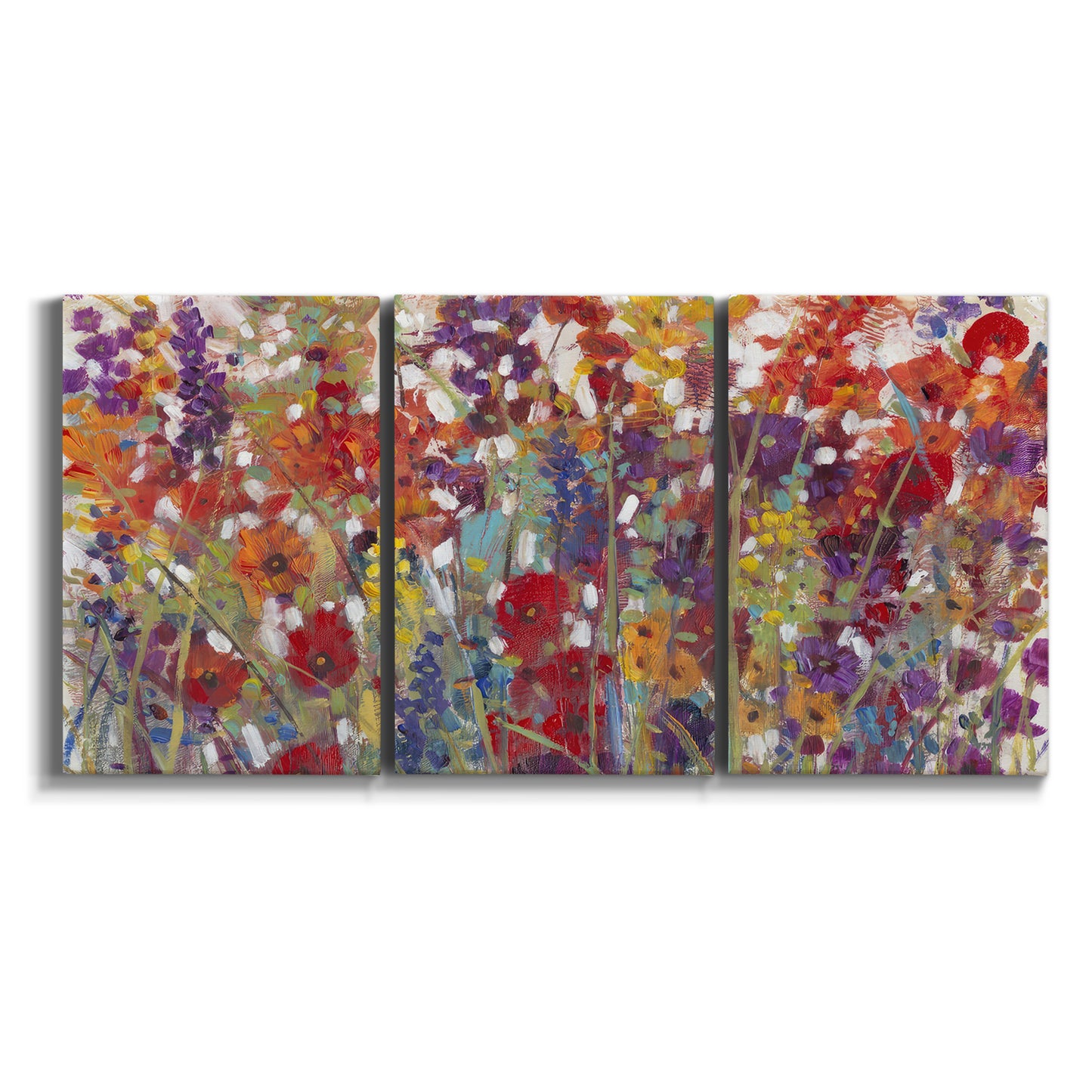 Three-panel canvas wall art featuring colorful floral arrangement on white background.