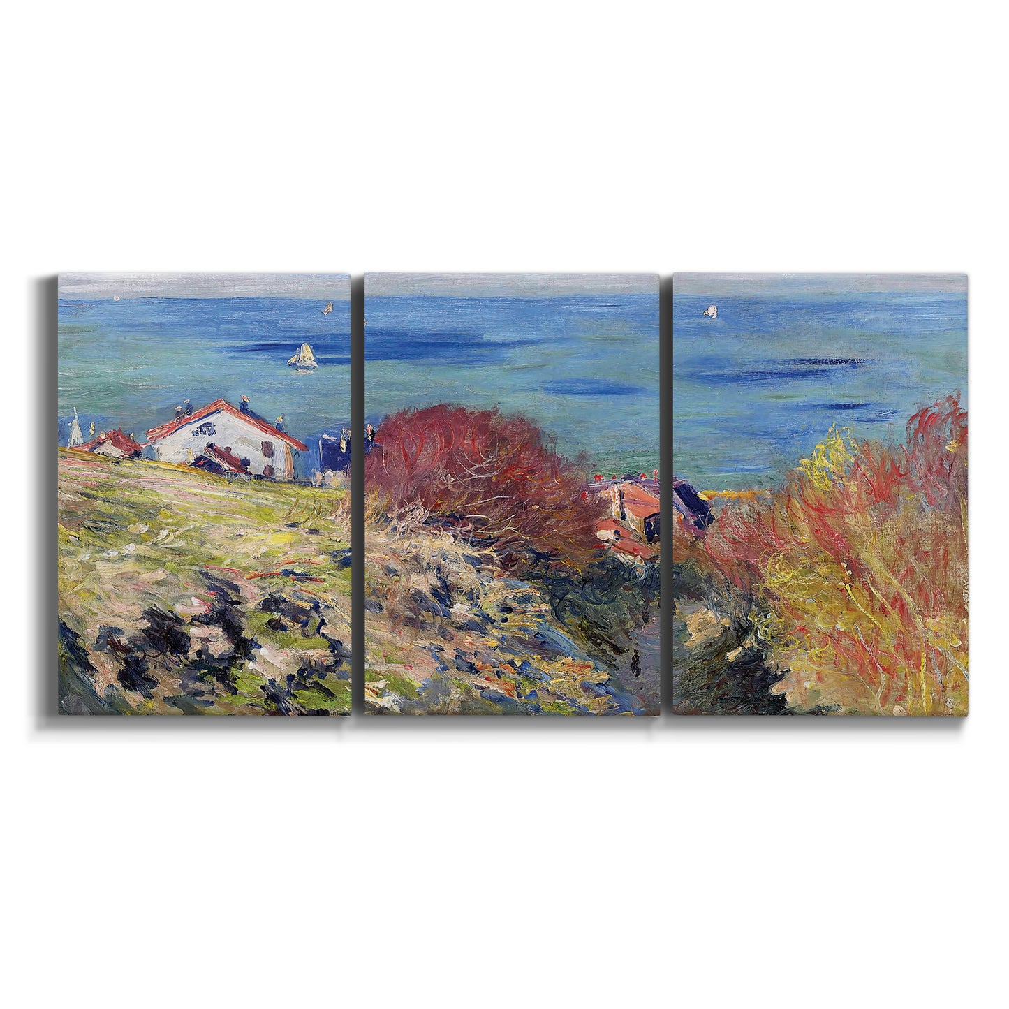 Three-panel canvas wall art featuring coastal village shoreline landscape on white background.