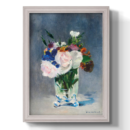 Impressionist floral still life painting by Claude Monet printed on canvas in an ornate champagne frame with a vertical orientation.