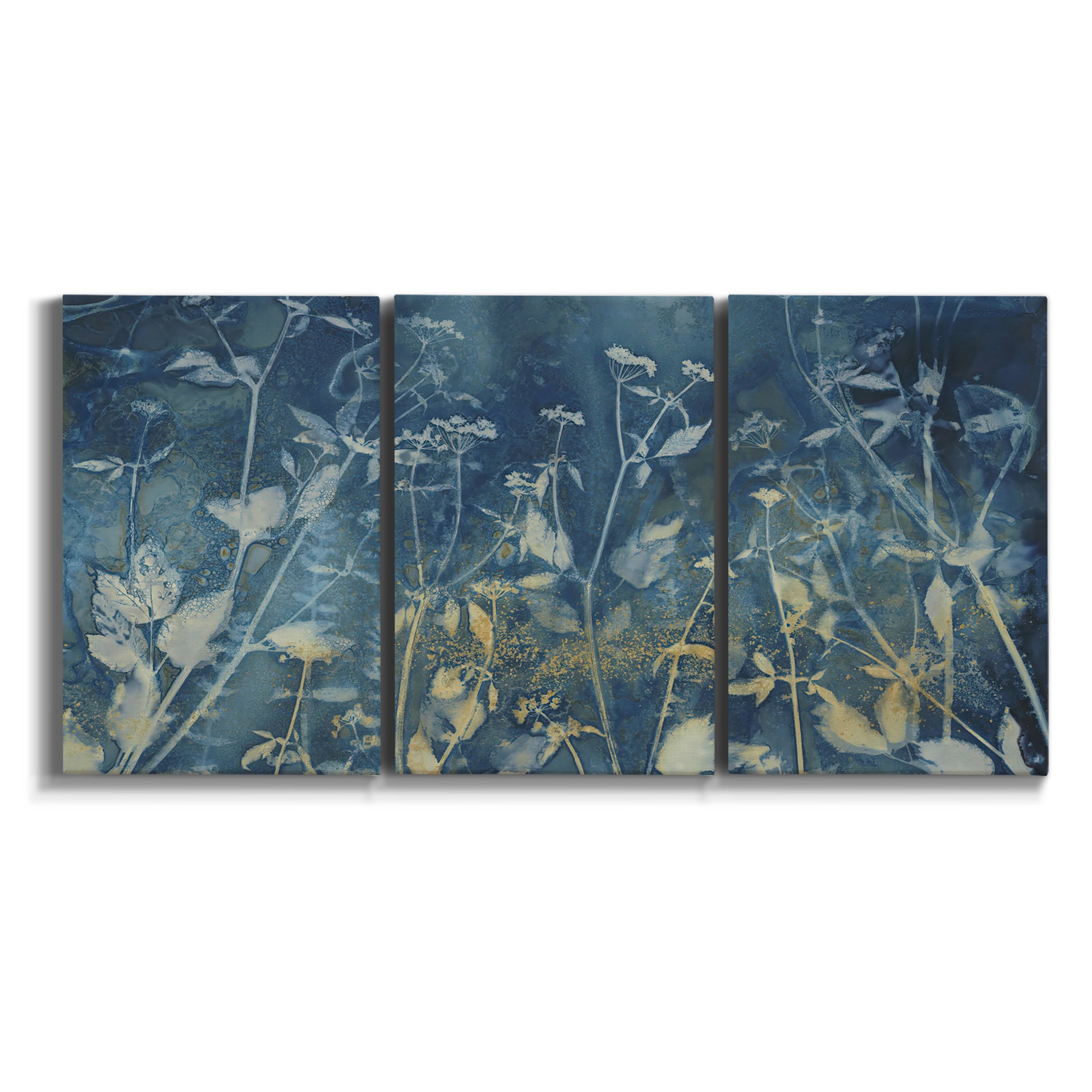 Three-panel canvas wall art featuring dark abstract with rich tonal depth on white background.