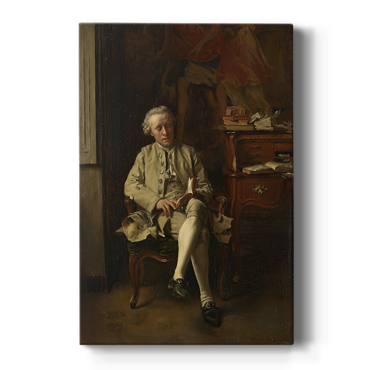Canvas art print featuring a realistic scene of a man reading in a dimly lit interior on a clean white background.