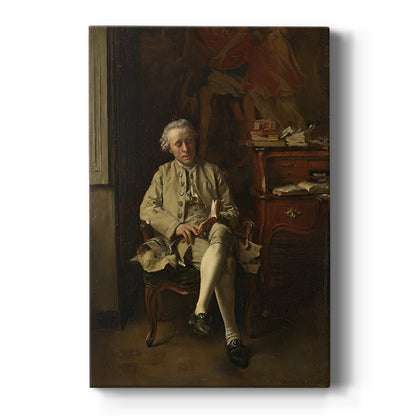 Canvas art print featuring a realistic scene of a man reading in a dimly lit interior on a clean white background.