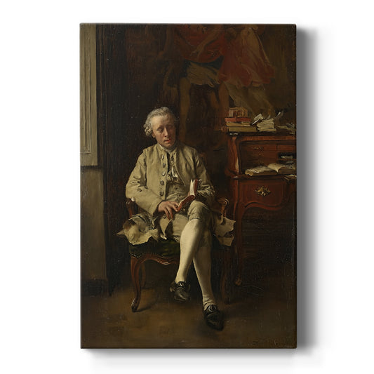Canvas art print featuring a realistic scene of a man reading in a dimly lit interior on a clean white background.