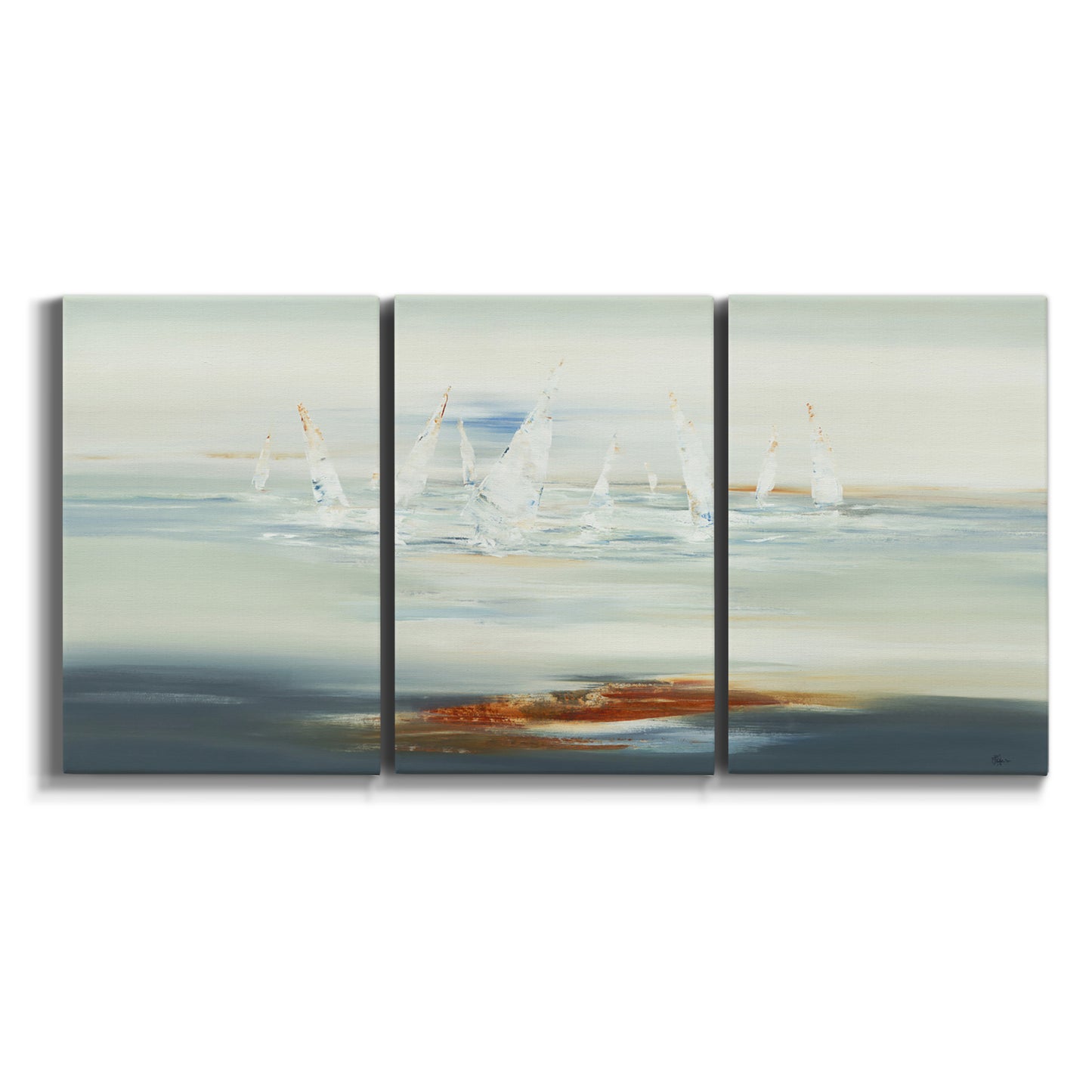 Three-panel canvas wall art featuring nautical abstract suggesting drifting calm on white background.