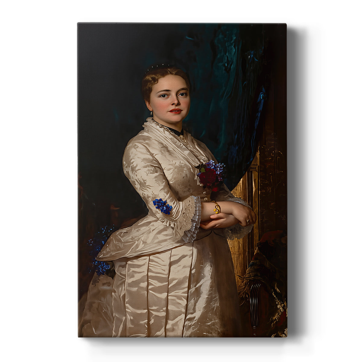 Canvas art print featuring a realistic portrait of a woman with gentle expression and muted tones on a clean white background.