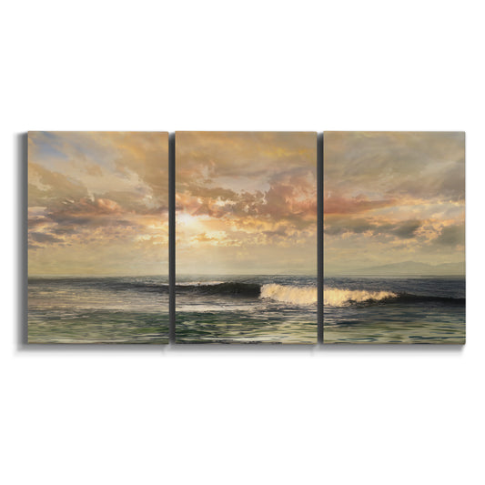 Three-panel canvas wall art featuring calm tropical shoreline at dusk on white background.