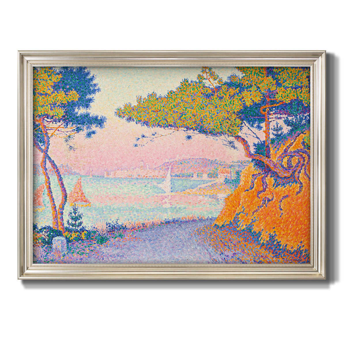 Pointillist coastal seascape by Paul Signac printed on canvas in an ornate champagne frame.