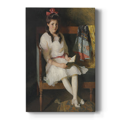 Canvas art print featuring an impressionist portrait of a seated woman with soft tones and natural light on a clean white background.