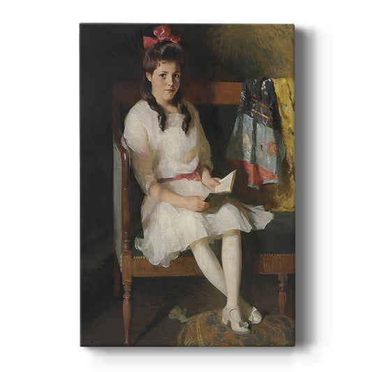 Canvas art print featuring an impressionist portrait of a seated woman with soft tones and natural light on a clean white background.