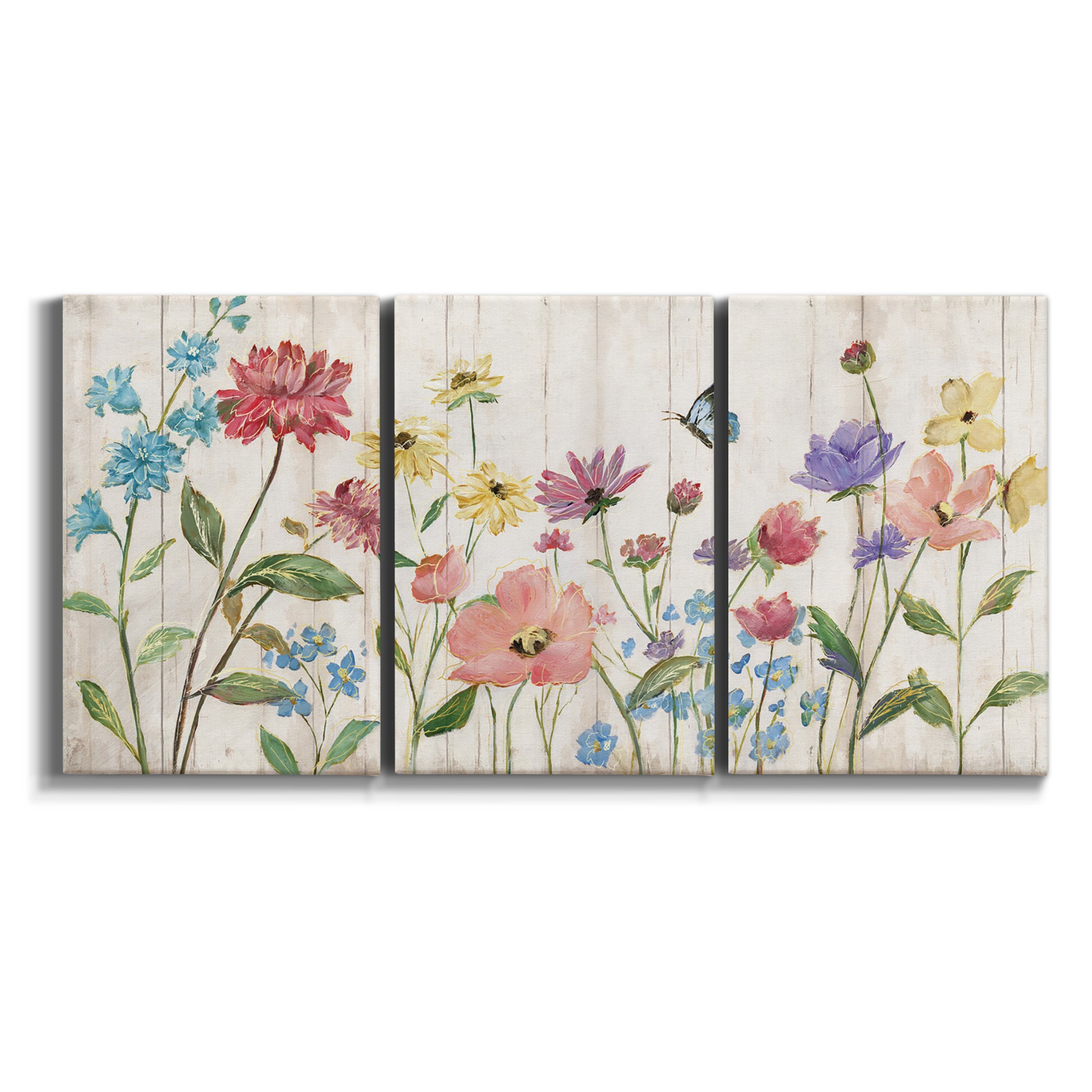 Three-panel canvas wall art featuring delicate wildflower illustration on white background.