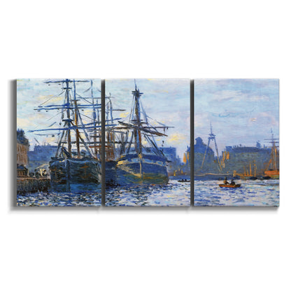 Three-panel canvas wall art featuring industrial dock along harbor on white background.