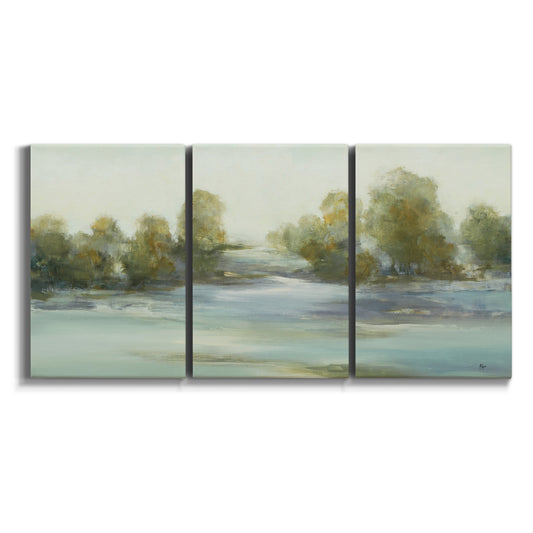 Three-panel canvas wall art featuring calming scenic landscape view on white background.