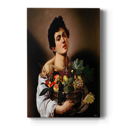 Canvas art print featuring a Baroque portrait of a boy holding a basket of fruit in soft light on a clean white background.