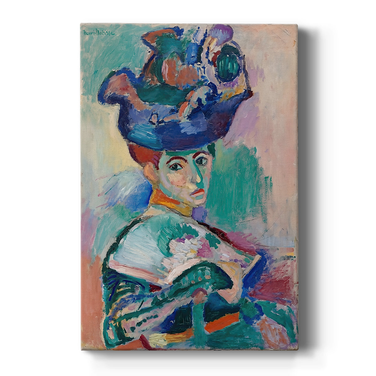 Canvas art print featuring a fauvist portrait of a woman wearing a hat with bold expressive color on a clean white background.