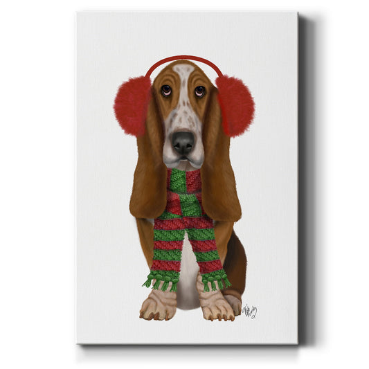 Christmas Des - Basset Hound and Ear Muffs - Canvas Art Print