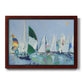 Coastal harbor watercolor painting printed on canvas in an ornate cherry burl wood frame.