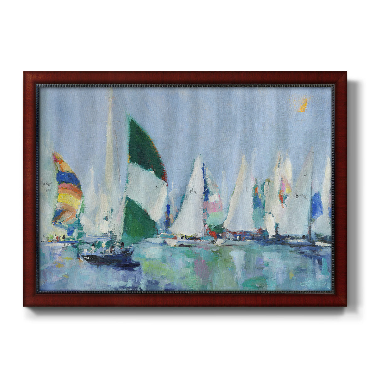 Coastal harbor watercolor painting printed on canvas in an ornate cherry burl wood frame.