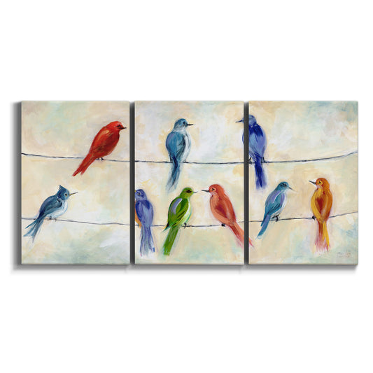 Three-panel canvas wall art featuring whimsical animal chatter illustration on white background.