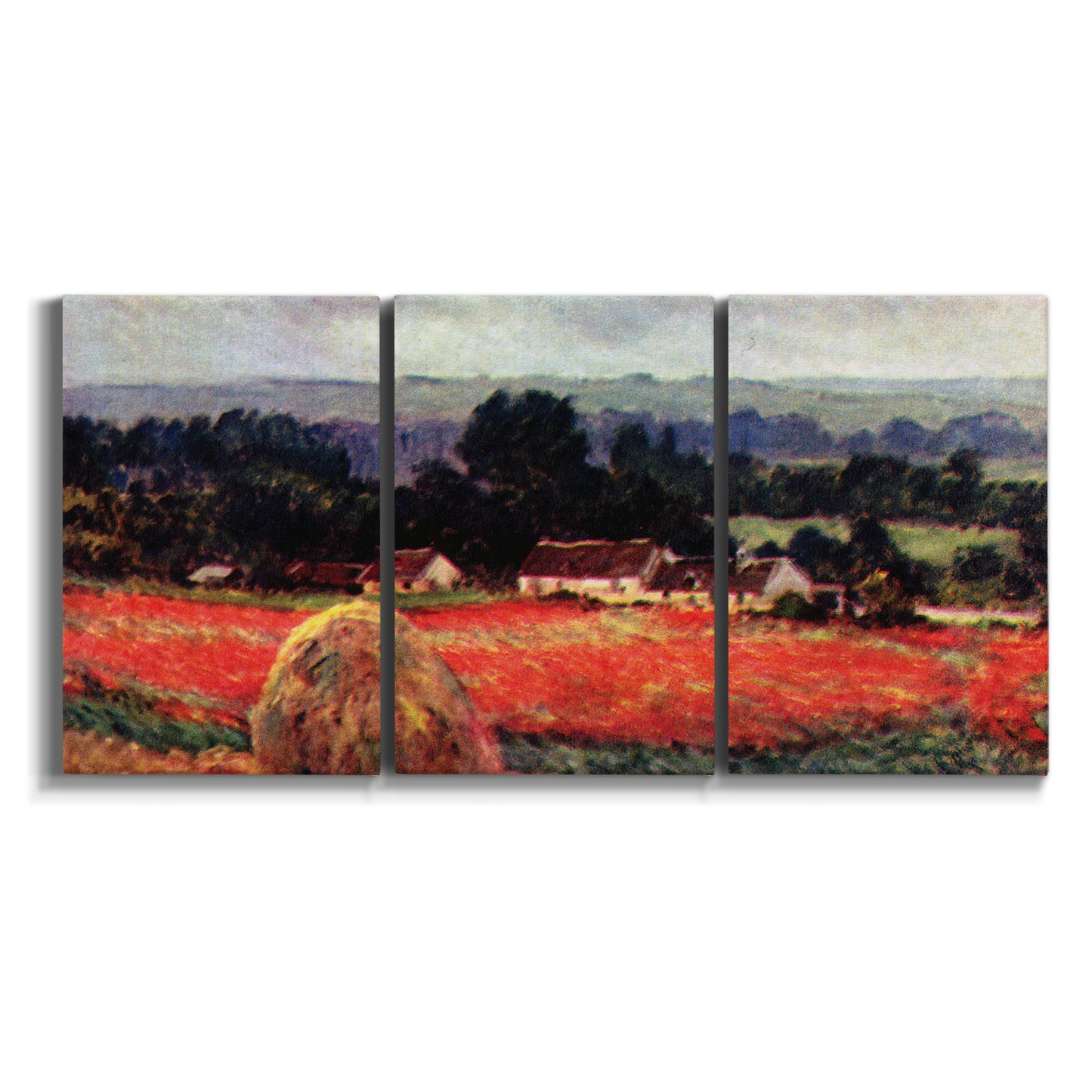 Three-panel canvas wall art featuring red poppy field near barn on white background.