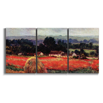 Three-panel canvas wall art featuring red poppy field near barn on white background.