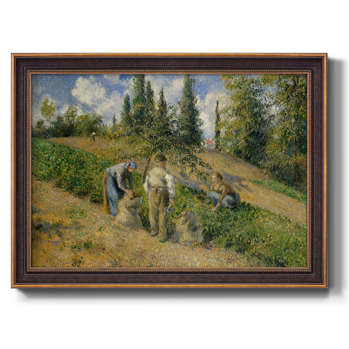 Impressionist countryside harvest scene by Camille Pissarro printed on canvas in an ornate bronzed mahogany wood frame.