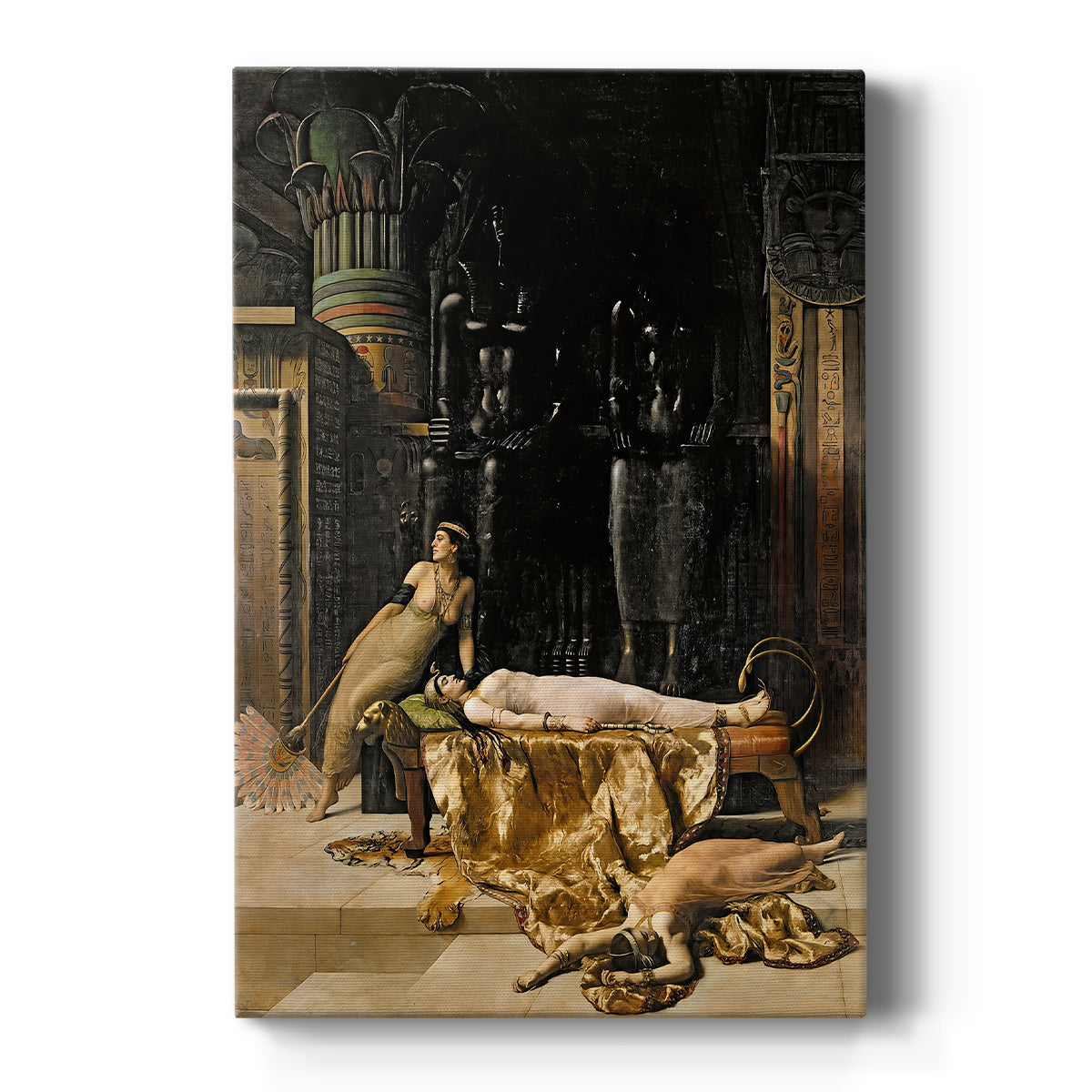 Canvas art print featuring a dramatic scene of Cleopatra reclining on a bed in a dim interior on a clean white background.