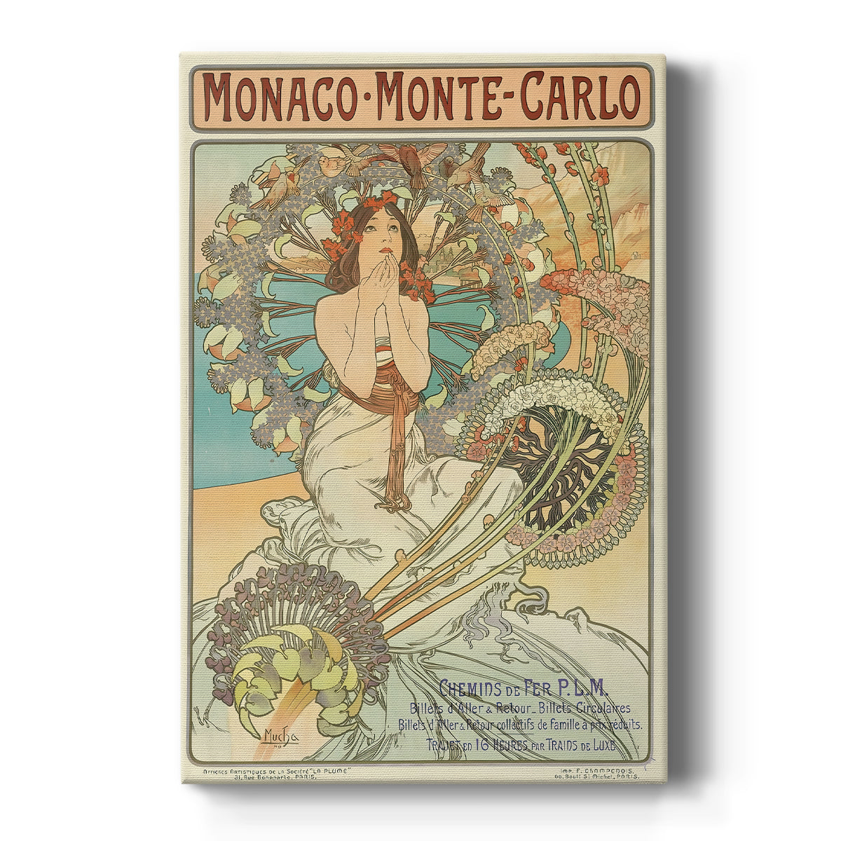Canvas art print featuring an Art Nouveau travel poster of a woman with ornate details and decorative typography on a clean white background.