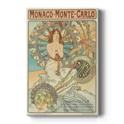 Canvas art print featuring an Art Nouveau travel poster of a woman with ornate details and decorative typography on a clean white background.