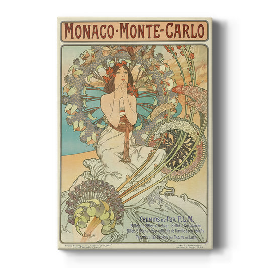 Canvas art print featuring an Art Nouveau travel poster of a woman with ornate details and decorative typography on a clean white background.