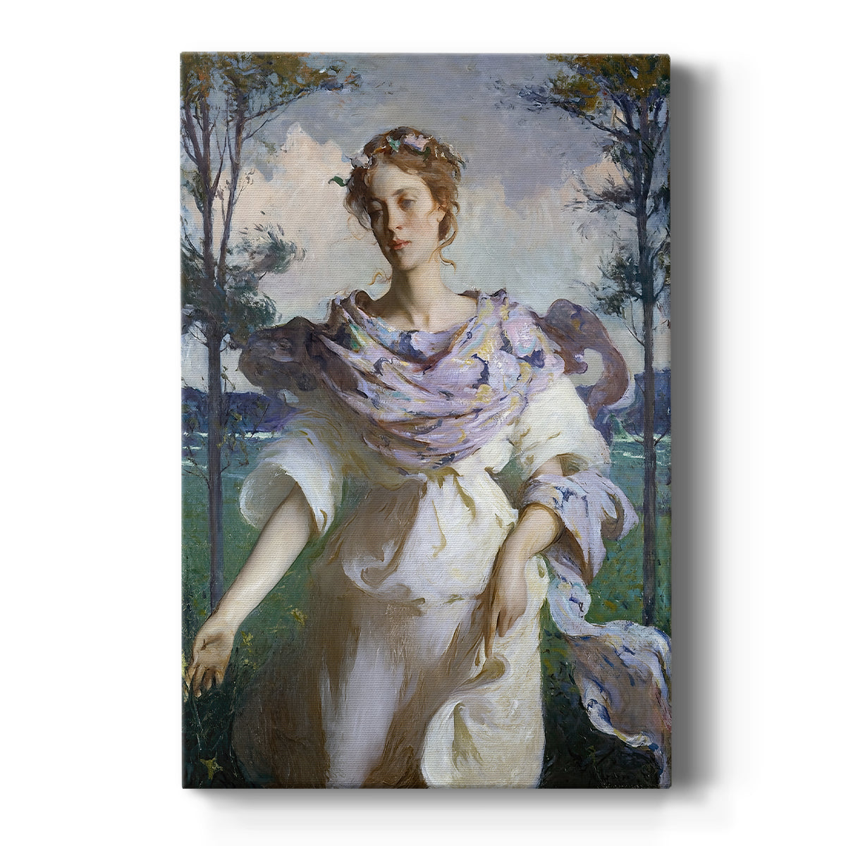 Canvas art print featuring an impressionist scene of a woman in a flowing dress in a sunlit setting on a clean white background.